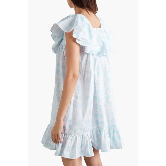 SINDISO KHUMALO Ruffled printed cotton-poplin mini dress Blue White UK 8 US 4 - Picture 2 of 7